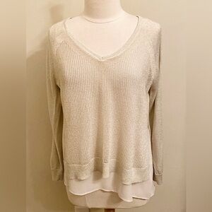 Lucky Brand Cream Gold Metallic V-Neck Crochet Long Sleeve Chiffon Knit Top SZ M